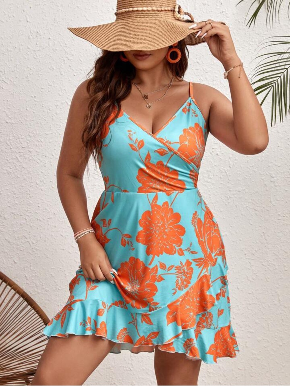 Tropical Blue Orange Floral Spaghetti-Strap Ruffle Hem Summer Dress Size Large